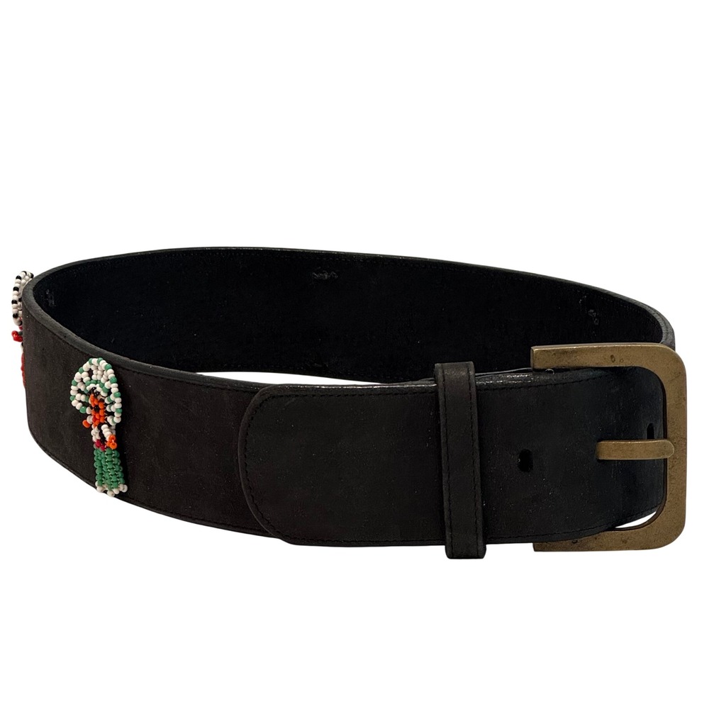 Genius Dilettante Beaded Leather Belt Womens M Black Wide Brass Buckle USA